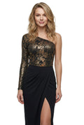 swimsuit model on beach Mariza Black-Gold Asymmetrical Bodysuit