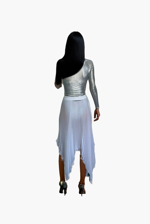 swimsuit model on beach Angelina Silver Bodysuit