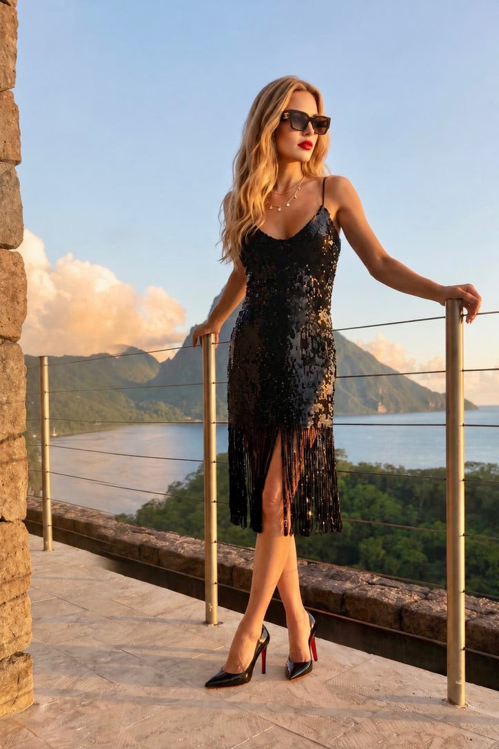 swimsuit model on beach Black Fringed Sequin Dress