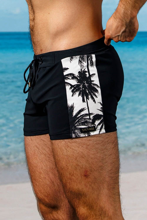 swimsuit model on beach Black Splice Varenna Retro Lycra Swimmer