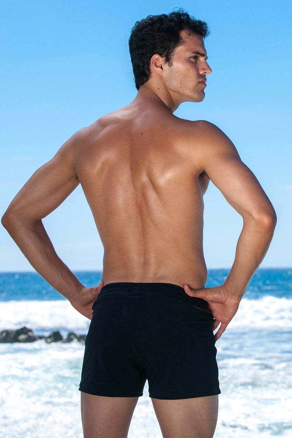 swimsuit model on beach Black Tuxedo Retro Lycra Swimmer