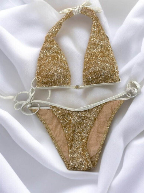 swimsuit model on beach Champagne Sequin Halter