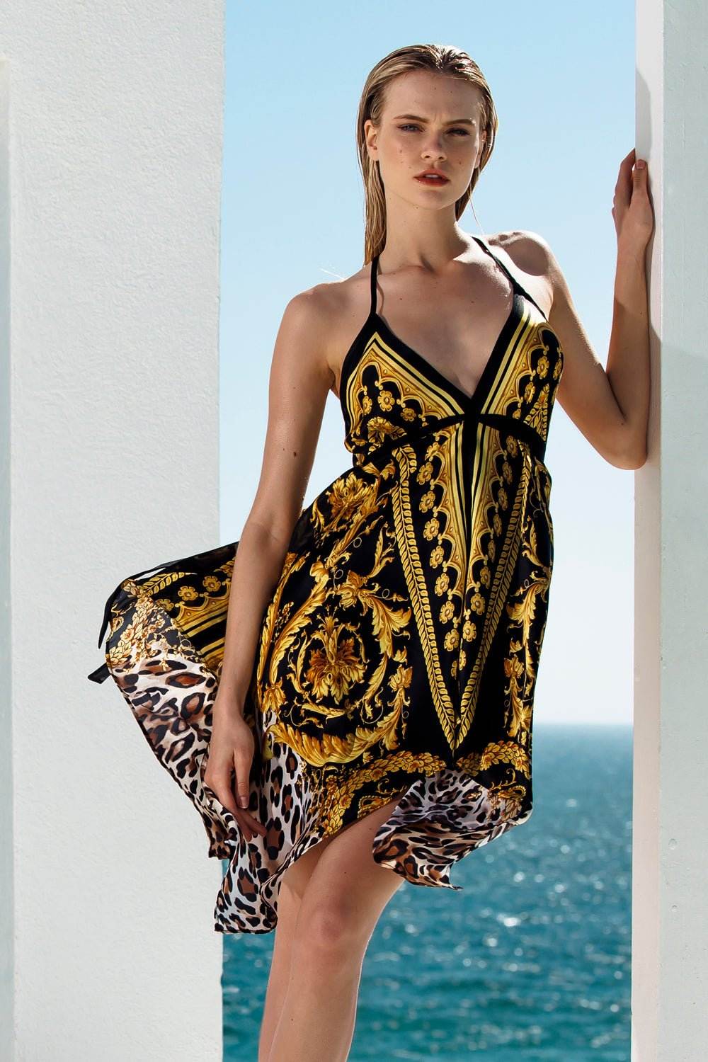 swimsuit model on beach Designer Silk Dress- Leopard