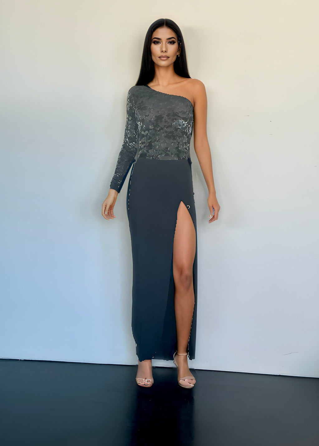 swimsuit model on beach Donna Silver Grey Burnout Bodysuit