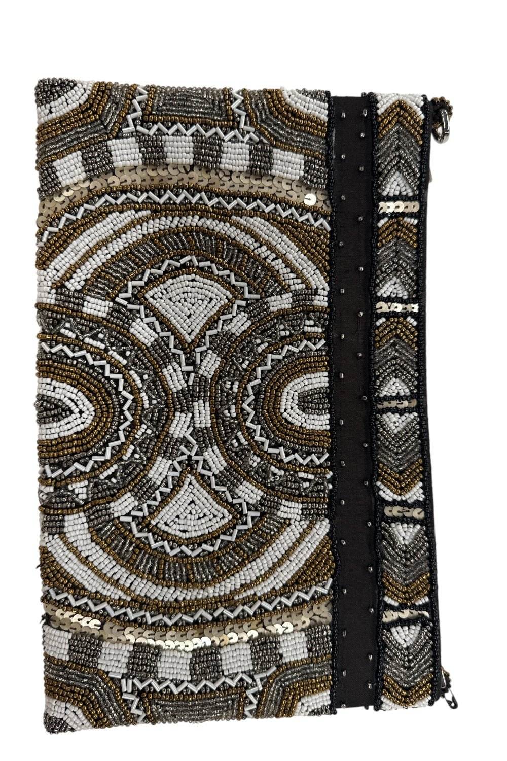 swimsuit model on beach Golden Tribe Beaded Clutch