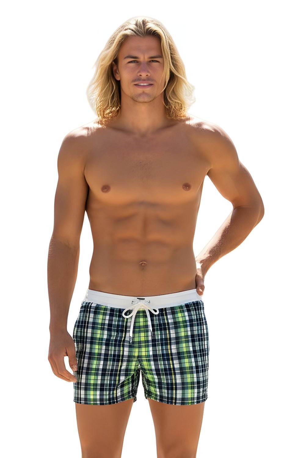 swimsuit model on beach Green/Navy Plaid Retro Lycra Swimmer