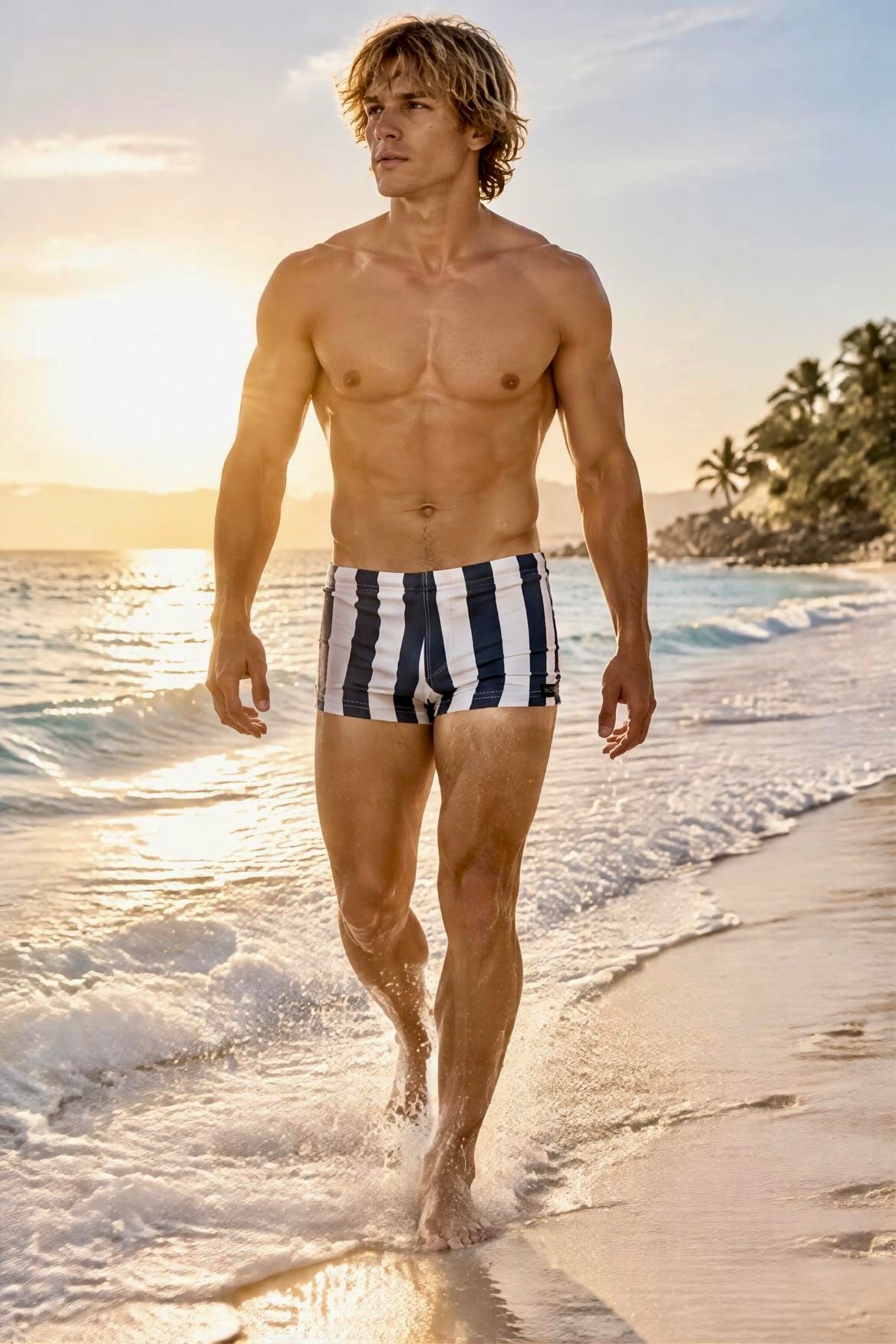swimsuit model on beach Navy Stripe Squarecut