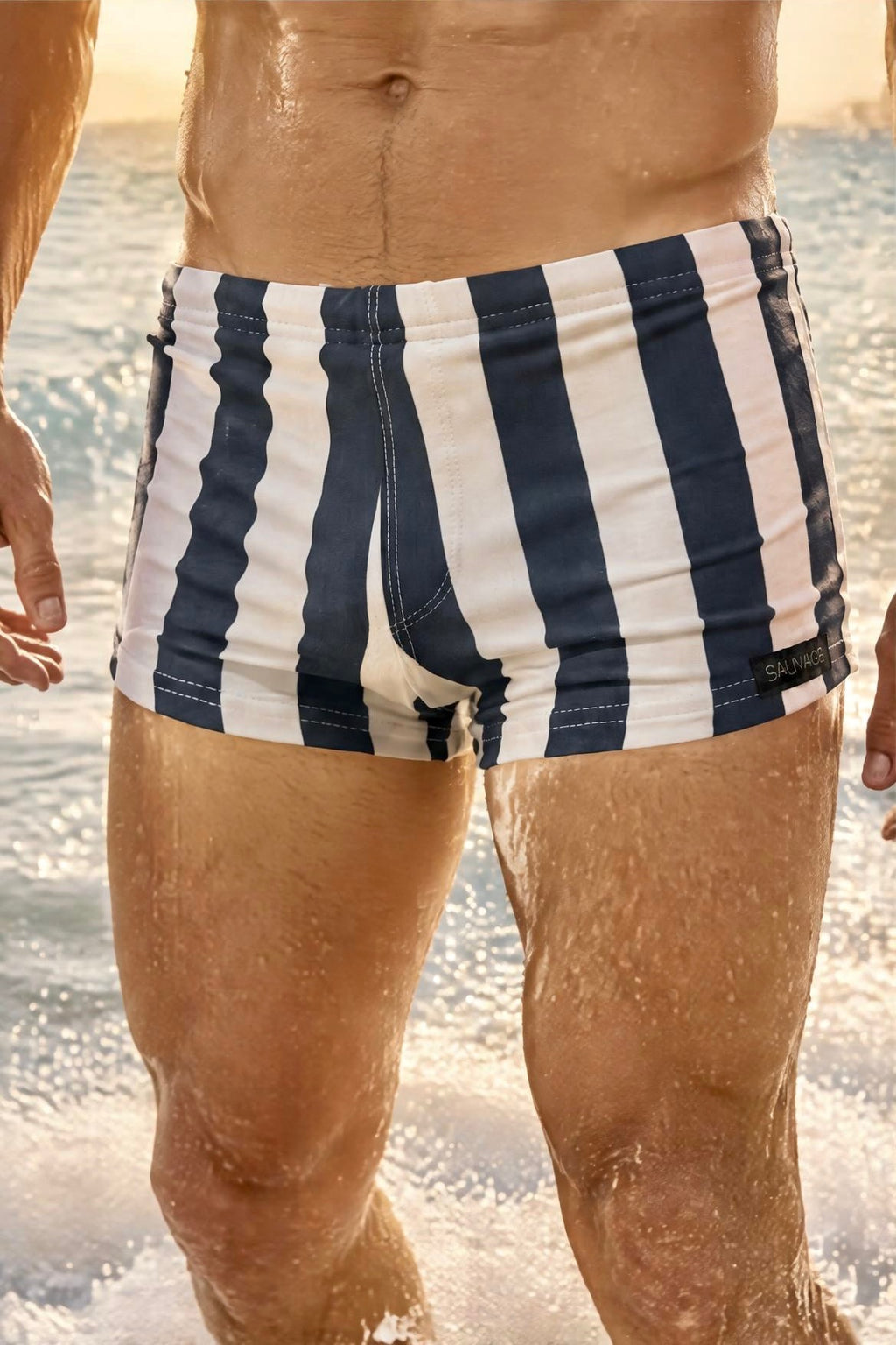 swimsuit model on beach Navy Stripe Squarecut