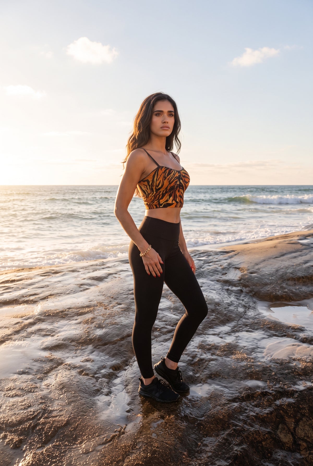 swimsuit model on beach Orange Tiger Bralette
