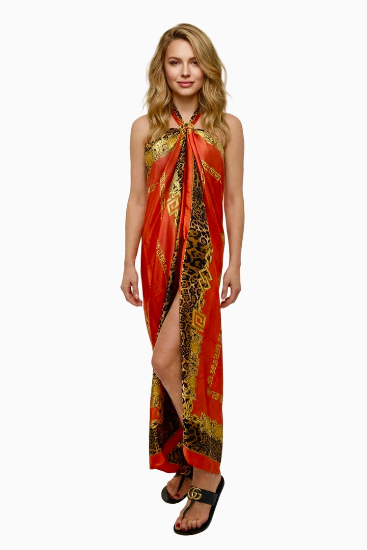 swimsuit model on beach Red Leopard - Silk Sarong