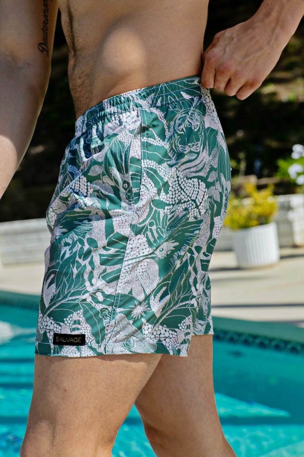 swimsuit model on beach Tigers in the Jungle Trunks