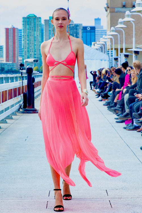 swimsuit model on beach Asymmetrical Pink Pleated Skirt