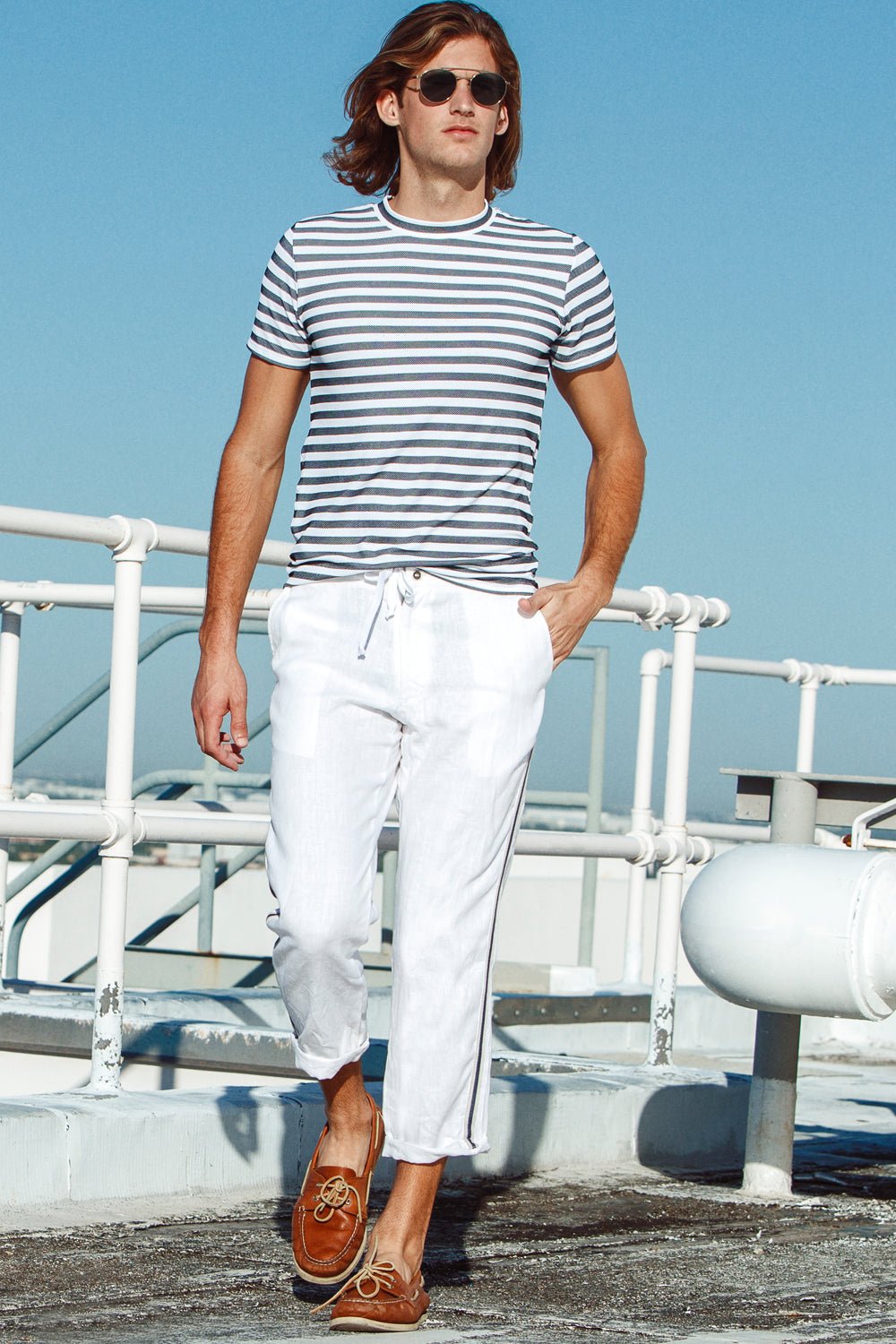 swimsuit model on beach Charcoal/White Luxury Knit Stripe T-Shirt