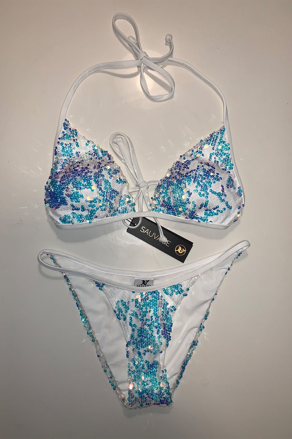 swimsuit model on beach Lola Sequin Triangle White